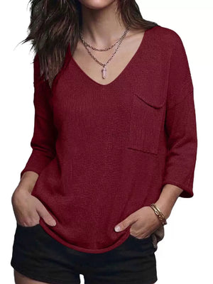 V-neck Chest Pocket Knit Top in Black, alternate angle