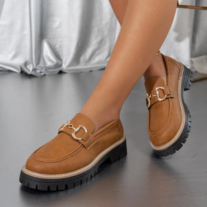 Terracotta chunky chain detail platform loafers with gold hardware.