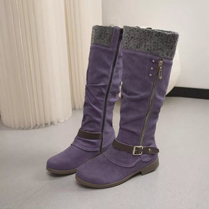 Purple suede slouch knee-high boots with knit detail and side zipper.