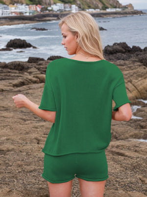 Green textured knit co-ord set with relaxed fit t-shirt and shorts.