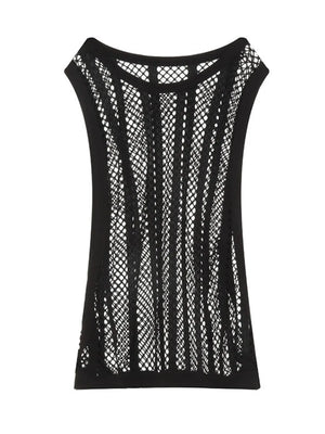 Black mesh tank top with vertical panel detail and round neckline