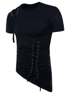 Black cotton t-shirt with lace-up details on shoulder and side, asymmetric hem.