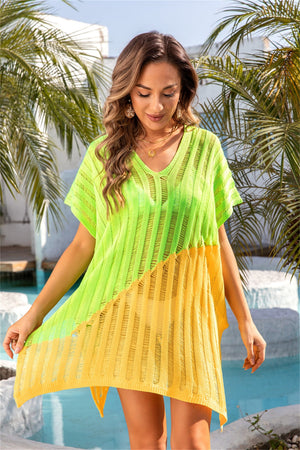 Colorblock knit beach cover-up with V-neck and short sleeves in yellow-green and yellow.
