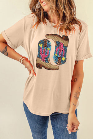Eggshell cotton graphic tee with sequin desert boots and cactus print.
