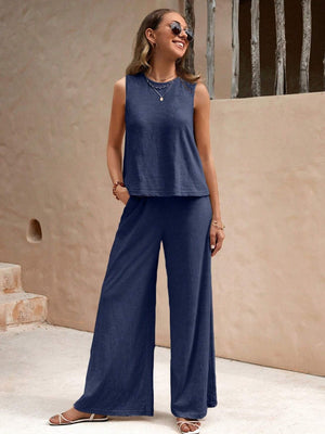 Dusty Blue linen tank top and wide-leg palazzo pants loungewear set