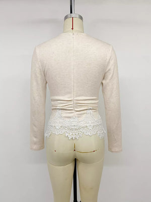 Lace Trim Long Sleeve T-shirt in Eggshell, view 12