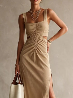 Ruched Cut-out Midi Dress in Khaki, fabric detail