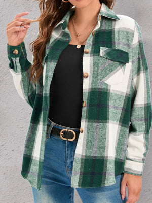 Checked plaid button-down overshirt in green and white with buttoned chest pockets and cuffs.