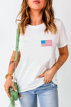 White cotton t-shirt with a small American flag graphic on the chest.