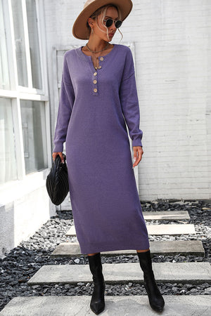 Textured knit henley midi dress in mauve with button detail and long sleeves.