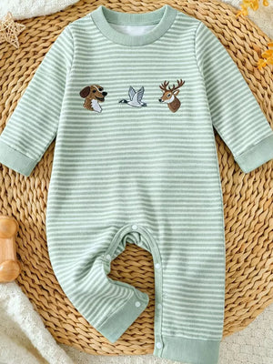 Children's Animal Striped Long Sleeve Jumpsuit in Light Green, front view