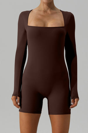 Brown long sleeve unitard with square neckline and short legs.