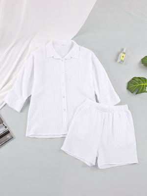White gauze cotton resort shirt and shorts set with button front and elastic waist shorts.