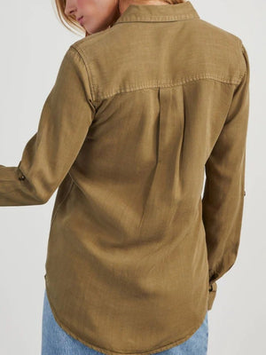 Olive brown washed denim utility shirt with buttoned cuffs and back pleats.