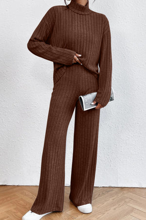 Ribbed knit turtleneck lounge set in chocolate brown, featuring wide-leg pants and a long-sleeve top.