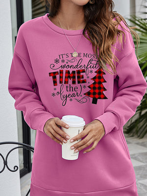 Dusty Pink tunic sweatshirt with holiday graphic and buffalo plaid Christmas tree.