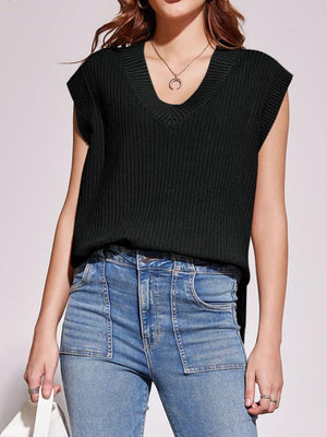 Black ribbed knit v-neck sleeveless sweater tank top with a casual fit.