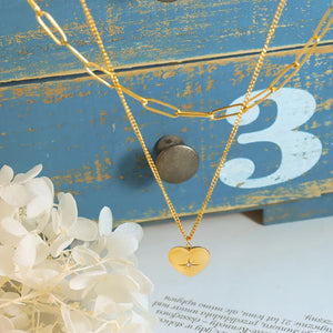 Gold layered heart pendant necklace with paperclip chain and a small diamond accent