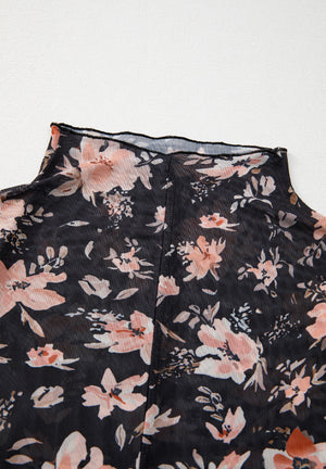 Black sheer floral mock neck blouse with lettuce edge trim