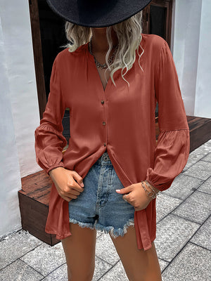 Oversized Mandarin collar blouse in Khaki, Rust, or Black with balloon sleeves.