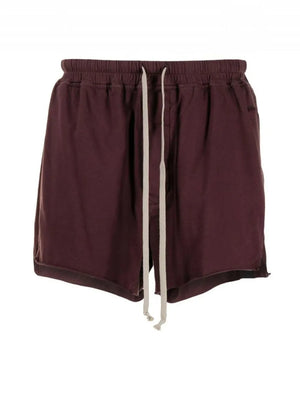 Burgundy lounge shorts with raw hem and drawstring waist