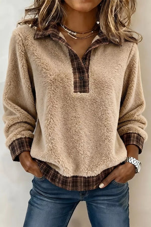 Plaid Collar Button Front Fleece Pullover Sweatshirt in Khaki, front view