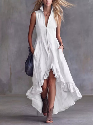 White sleeveless ruffled high-low dress with zipper detail and pockets