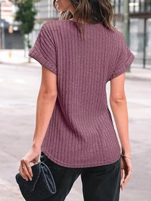 Purple Red ribbed knit t-shirt with cuffed short sleeves and a curved hem.
