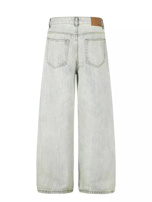 Men S Washed Wide Leg Jeans in Blue, close-up detail