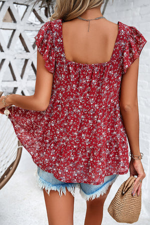 Deep Red floral flutter sleeve peplum blouse with square neckline
