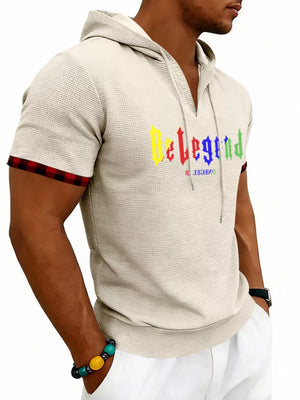 Men's Full Size Letter Graphic Short Sleeve Hooded Top in Royal Blue, alternate angle