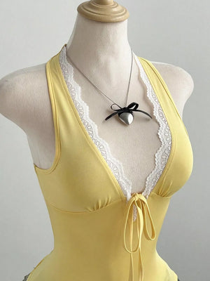 Lace Detail Halter Neck Cami in Yellow, side view