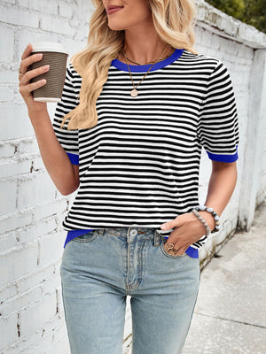 Striped knit tee with blue trim and short sleeves.