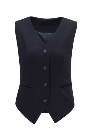 Black tailored V-neck button-down vest with four buttons and two front pockets.
