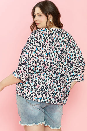 Color Pop Leopard Print Batwing Top with colorful accents and short sleeves.