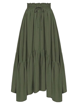 Army green tiered midi skirt with asymmetrical hemline and drawstring waist
