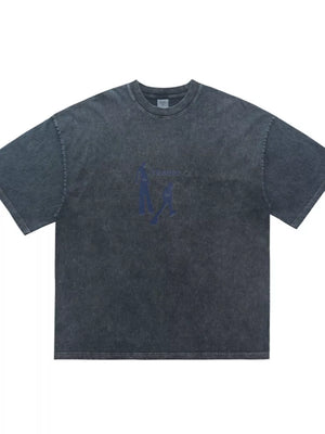 Oversized graphic tee in charcoal wash cotton with relaxed fit and blue graphic print.