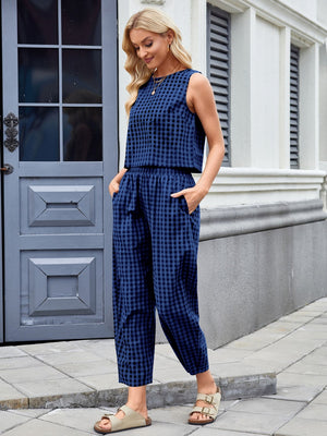 Navy gingham cropped tank top and wide leg pants set with elastic waist and pockets.