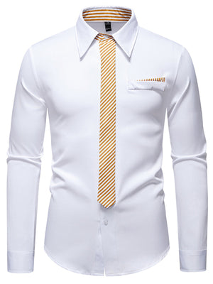 Men's white button-up shirt with gold striped tie detail and pocket