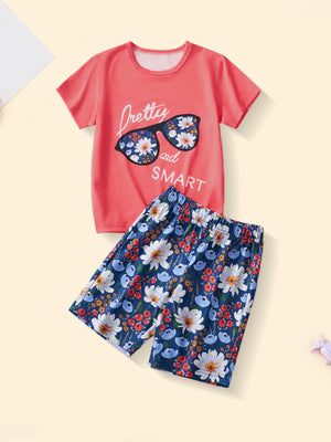 Coral graphic tee and floral shorts set for baby girls