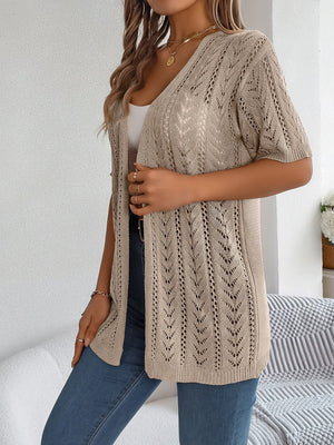 Open-knit chevron sleeve cardigan in tan acrylic with a V-neckline.