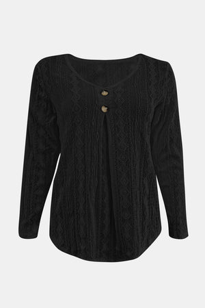 Black textured diamond-stitch button-down blouse with a V-neck and long sleeves.