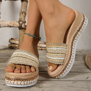 Embellished open-toe platform sandals in khaki with woven details and beaded trim.