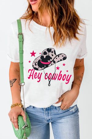 White cotton t-shirt with cowboy hat graphic and Hey Cowboy text