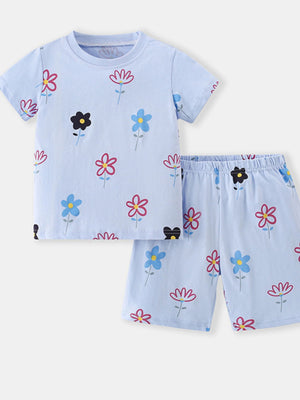 Light blue cotton toddler tee and shorts set with a scattered floral print.