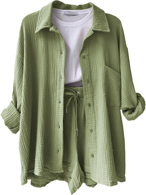 Green textured gauze shirt and shorts set with drawstring waist and button front
