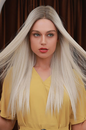Ombre blonde lace front wig with ash brown roots, styled straight and sleek.