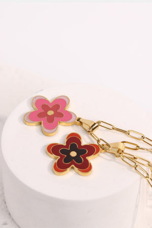 Enamel floral pendant necklace in Deep Red and Pink on a gold-plated chain.