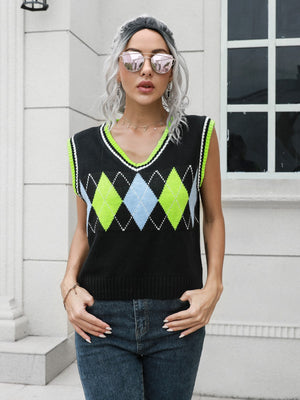Argyle knit sweater vest with neon green trim and v-neck.