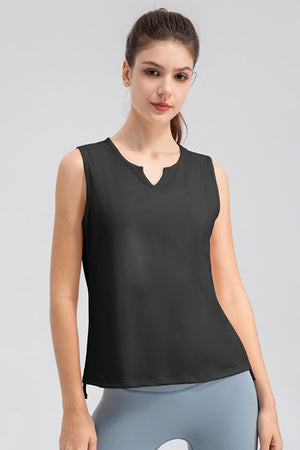 Black active tank top with notched neckline and sleeveless design